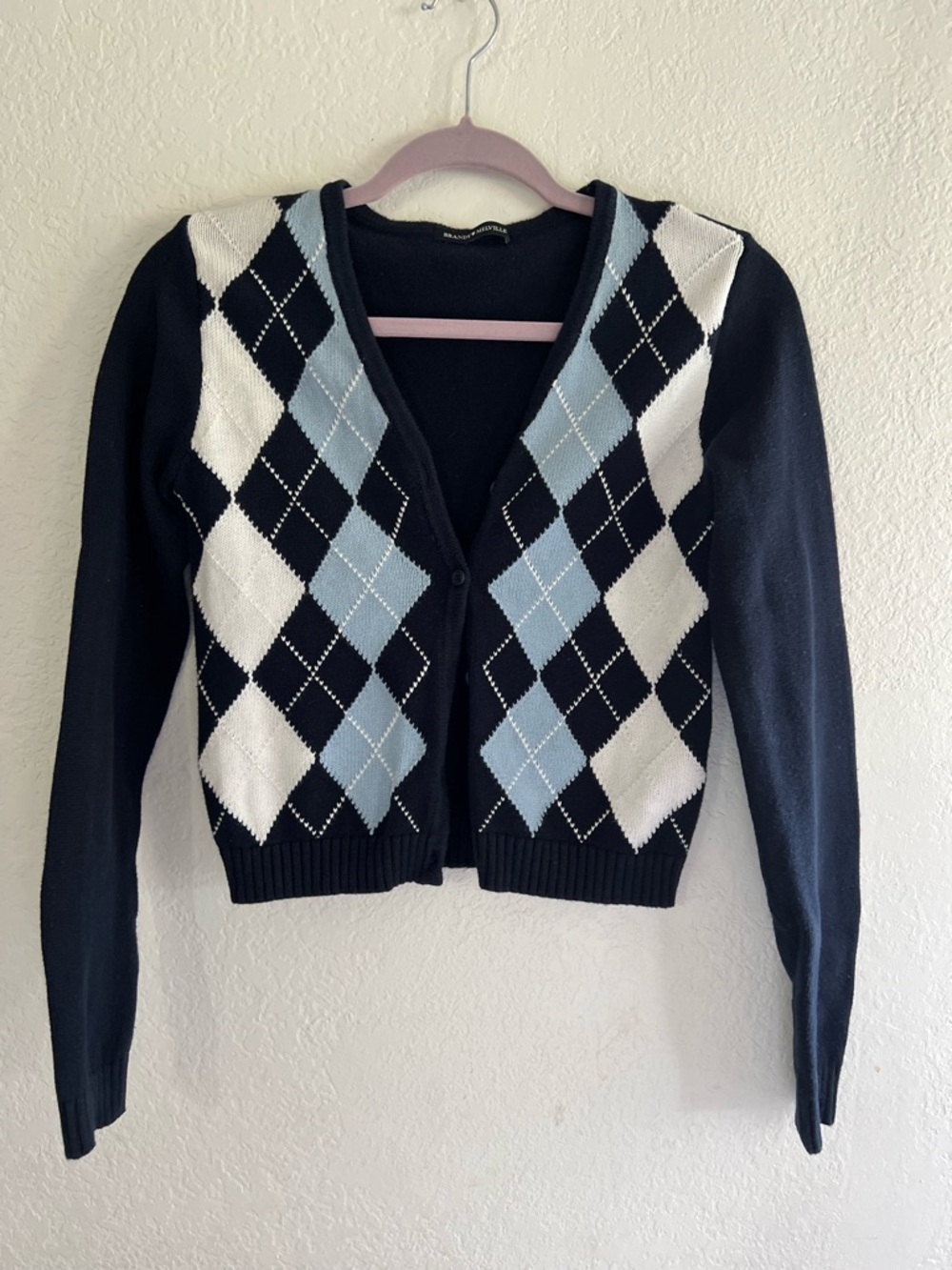 Brandy Melville Navy, Light Blue & White Argyle Button Cardigan